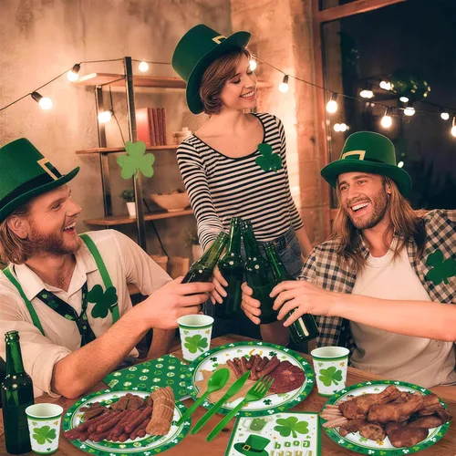 Miniatura 7 de 168 piezas de suministros para fiesta del día de San Patricio, platos y servilletas de papel del día de San Patricio, tazas, cuchillo, tenedor y St.