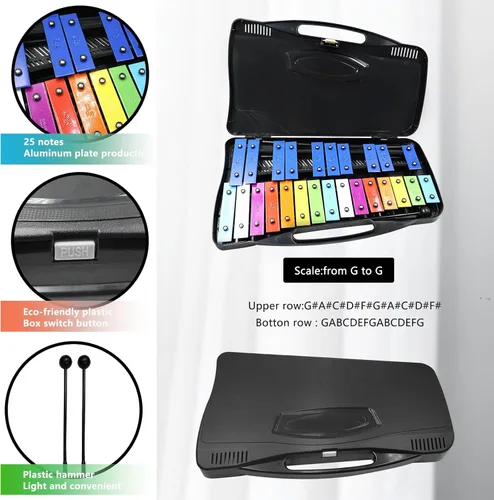 Miniatura 2 de Soulmate Xilófono Glockenspiel de 25 notas para niños, juguete musical colorido con teclas de metal, instrumento xilófono profesional con estuche