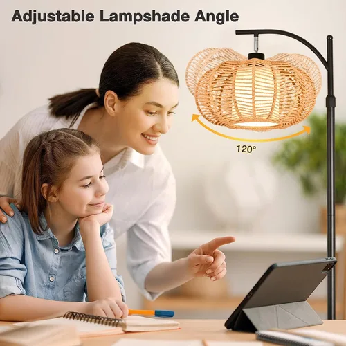 Miniatura 3 de ZECOXOL Lámparas de pie de arco para sala de estar, dormitorio, lámpara de pie bohemia de ratán con control remoto, lámpara de pie LED regulable