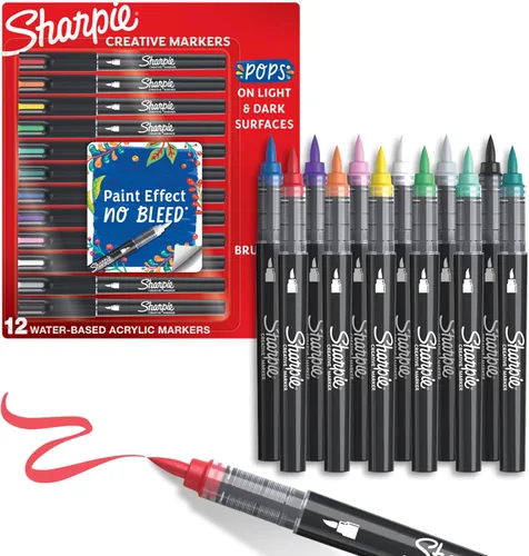 Sharpie - Marcadores creativos, acrílico a base de agua, punta de pincel, colores surtidos, 12 unidades – Artes y manualidades, actividad para