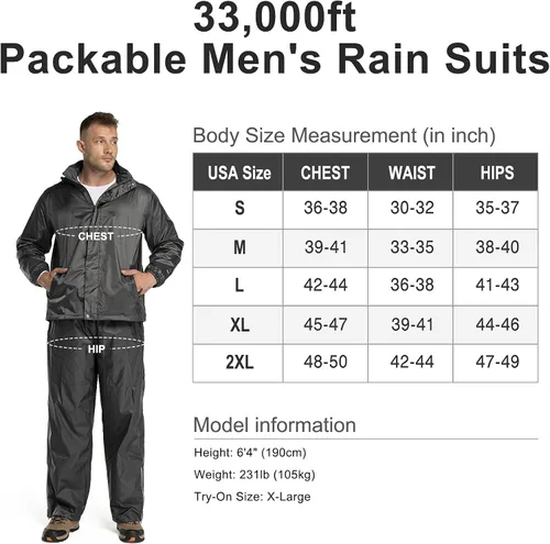 Miniatura 6 de 33,000ft Traje de lluvia para hombre con capucha oculta, impermeable, equipo de lluvia (chaquetas y pantalones)