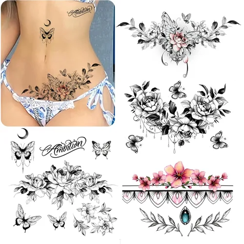 ROARHOWL Conjunto de tatuajes temporales sexy para mujeres, tatuaje sexy hermoso y exquisito 3D con flores realistas, mariposas, abdomen, pecho,