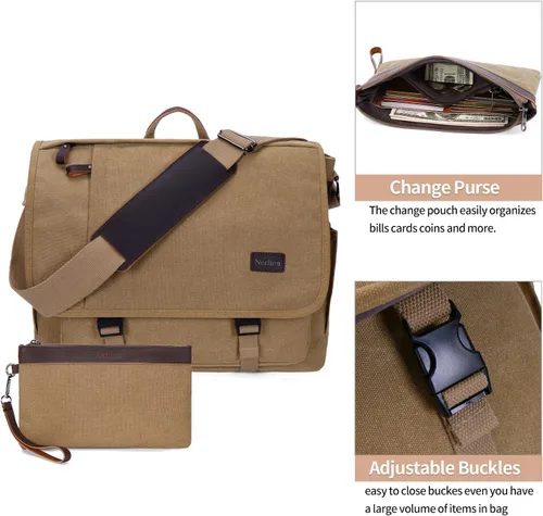 Miniatura 3 de NerIion Bolsa de Mensajero para Hombres de 17-17.3 Pulgadas, Bolsa de Laptop de Lona Resistente al Agua, Bolsa de Hombro, Maletín de Trabajo, Marrón