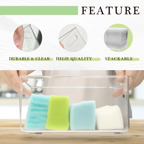 Miniatura 3 de Paquete de 4 cubos de almacenamiento de plástico transparente con asas, organizador apilable para despensa, refrigerador, debajo del fregadero