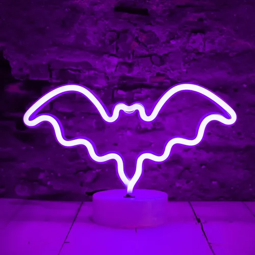 Luces LED de murciélago de neón moradas, letreros de neón en forma de murciélago, luces nocturnas a pilas, lámpara de mesa de escritorio para