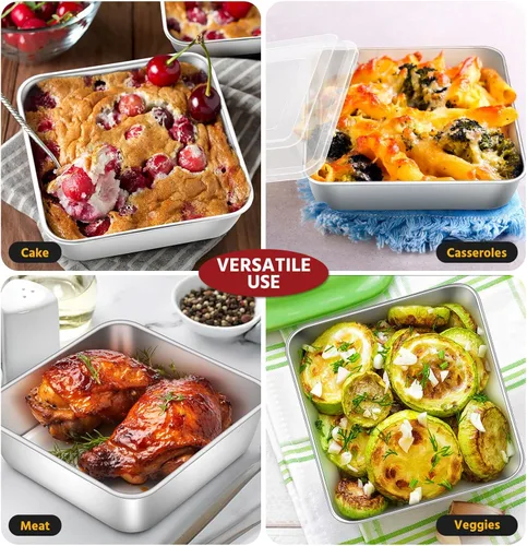 Miniatura 7 de E-far Juego de sartenes para hornear cuadradas de 6 x 6 pulgadas con tapa, bandejas pequeñas de acero inoxidable para pastel y brownie para horno