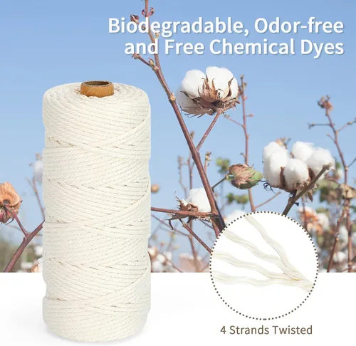 Miniatura 2 de Cordón de macramé 3mm x 109 yardas (328 pies), cuerda de macramé de algodón natural - 4 hebras de cuerda de algodón trenzada para colgar