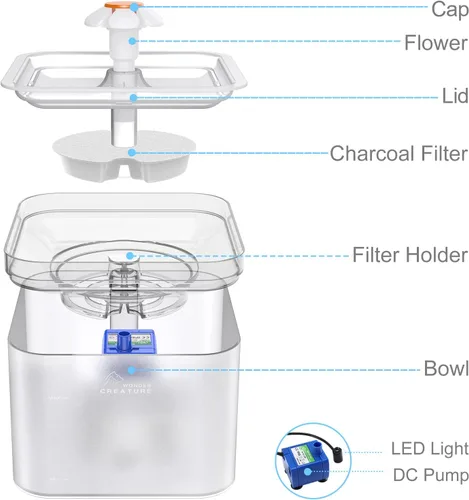 Miniatura 6 de Fuente de agua para gatos con 4 filtros y 4 esponjas, fuente de agua automática para gatos de 67 oz/2 litros, dispensador de agua para mascotas