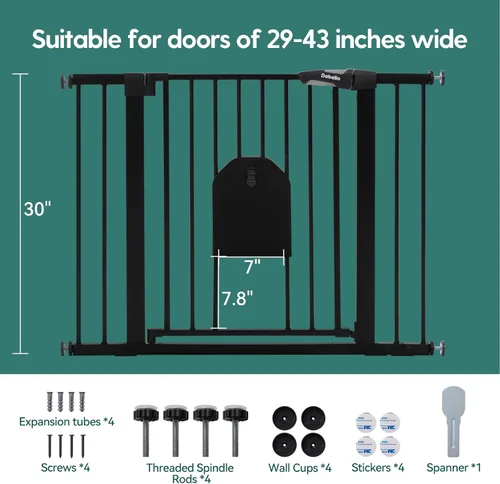 Miniatura 5 de Babelio - Puerta de seguridad con cierre automático para bebés con puerta para gatos, puerta de metal de 73-109 cm para puertas, escaleras, casa
