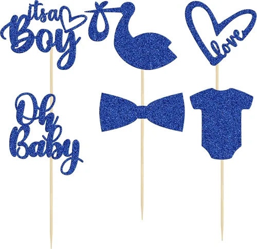 Miniatura 3 de Gyufise Paquete de 36 adornos para cupcakes "It's a Boy" con corbata, mameluco de amor, corazón, azul profundo, purpurina azul oscuro, decoración