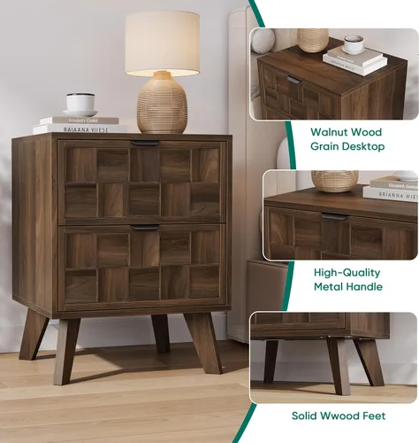 Miniatura 5 de Smuxee Mesita de noche de madera de nogal con 2 cajones, mesita de noche de mediados de siglo con puertas de tablero de ajedrez en relieve, mesita