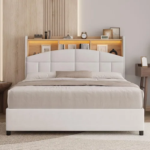 Miniatura 7 de REVOMINCA Base de cama de tamaño matrimonial con cabecero, base de cama tapizada de terciopelo con luces LED, plataforma de tamaño matrimonial