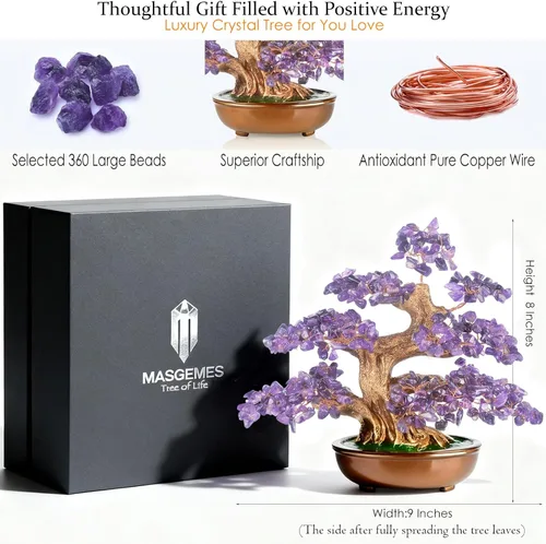 Miniatura 3 de Árbol de la vida de cristal de amatista, árbol bonsái hecho a mano con piedras naturales (360 cuentas grandes), curación de chakras para energía