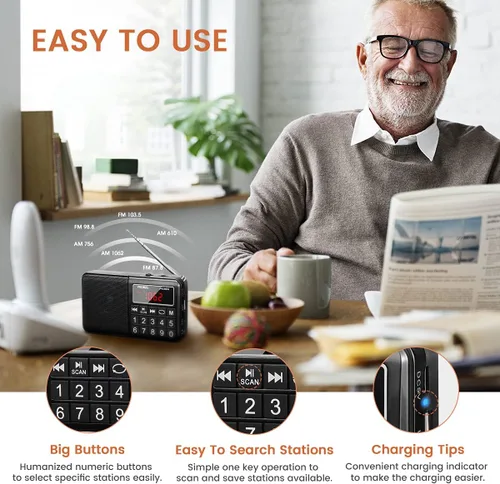 Miniatura 4 de PRUNUS Radio pequeña 429, radio de bolsillo, radio AM FM con carga USB, botón grande, altavoz de neodimio, guardado automático, unidad flash USB