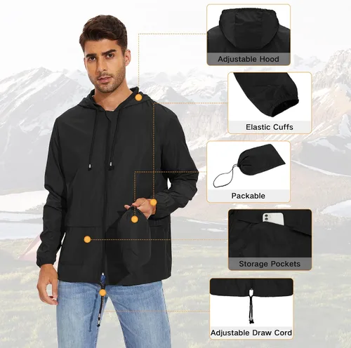 Miniatura 6 de American Trends Chaqueta impermeable para hombre, ligera, plegable, con capucha, cortavientos