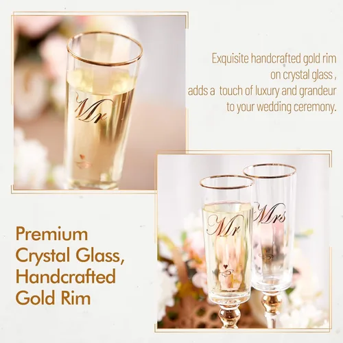 Miniatura 2 de DUJUST Copas de champán doradas para boda, copas de champán Mr & Mrs con borde dorado hecho a mano y diseño de diamante, copas de champán cuadradas