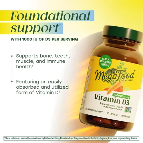 Miniatura 3 de MegaFood Vitamina D3 1000 UI (25 mcg) – Suplementos de vitamina D con alimentos reales, apoyo inmunológico, apoya huesos, dientes y músculos