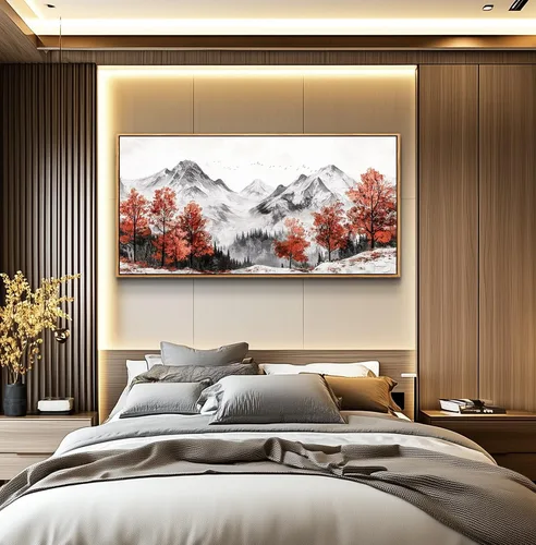 Miniatura 6 de PHAOHUAXM Lienzo decorativo de pared para sala de estar, decoración de pared grande para dormitorio, árbol rojo, tinta, paisaje de montaña, pintura