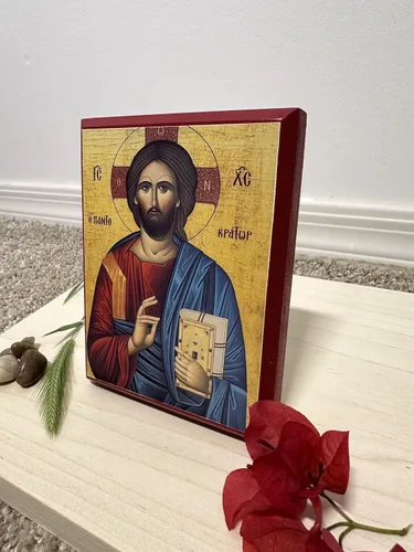 Miniatura 4 de Icono cristiano ortodoxo griego de madera Jesucristo el Pantocrátor (4 "x 5")