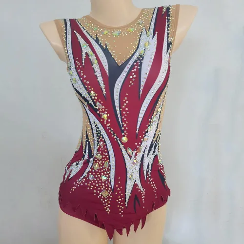 Miniatura 3 de LIUHUO Leotardo de gimnasia rítmica con patrón de diamantes rojos para niñas, sin mangas, rendimiento de competición