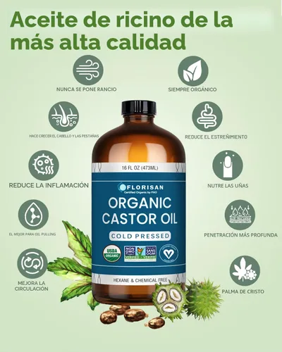 Miniatura 5 de Florisan Aceite de ricino orgánico certificado por USDA, botella de vidrio de 16 onzas, prensado en frío, sin hexano, sin OMG, vegano, 100% puro
