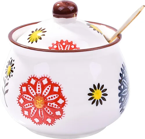 Miniatura 10 de Azucarero de cerámica con tapa y cuchara, recipiente de azúcar floral pintado a mano de 10.8 onzas para cocina, tarro de especias de porcelana HH