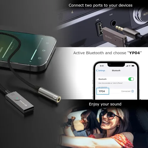 Miniatura 5 de Adaptador Bluetooth 5.3 a auxiliar para automóvil o amplificador, USB a receptor Bluetooth hembra de 0.138 in, compatible con altavoz con cable