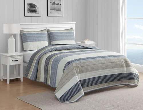 Nautica Juego de edredón tamaño Queen, ropa de cama reversible con fundas a juego, juego de cama ligero para decoración de habitación a rayas,