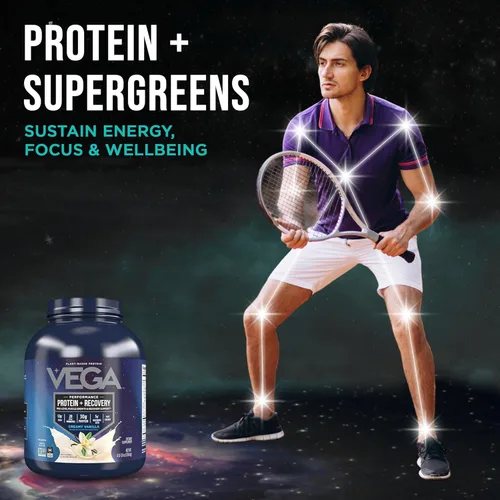 Miniatura 2 de Vega Sport proteína en polvo vegana + recuperación - 30g de proteína a base de plantas por porción, vainilla, 45 porciones, 5g de BCAA, probióticos