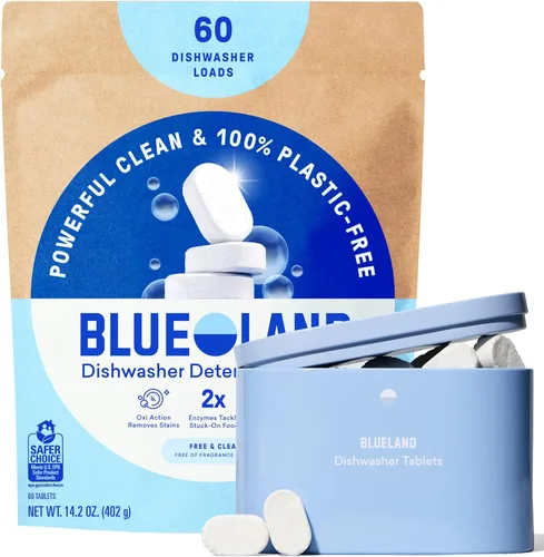 Miniatura 15 de BLUELAND - Tabletas de detergente para lavavajillas 100% libres de plástico, 60 unidades, libres y transparentes, ecológicas, cortan la grasa y se