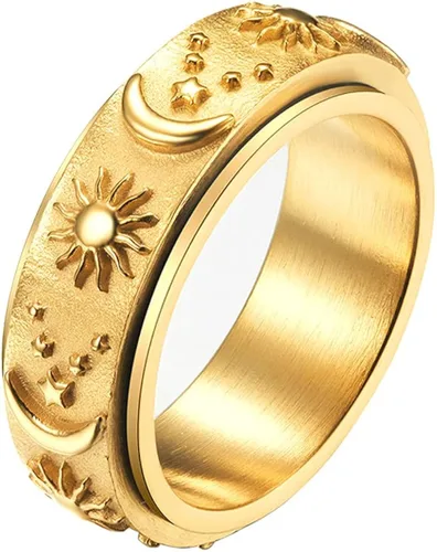 Nanafast Anillo giratorio de acero inoxidable para aliviar la ansiedad y el estrés, anillo de compromiso de Horus, sol, luna, estrellas, tamaño