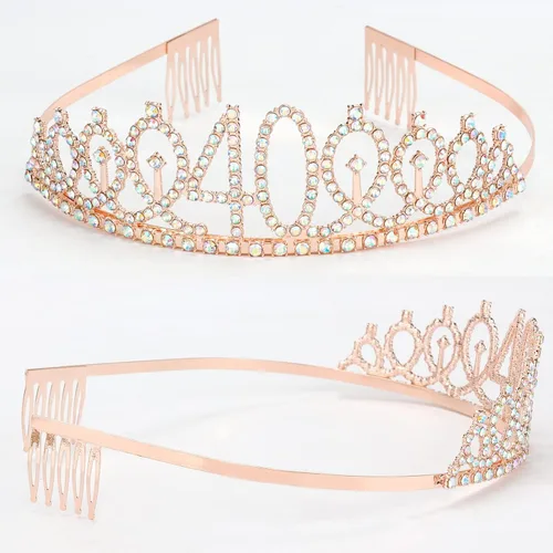 Miniatura 2 de Kit de corona de banda y diamantes de imitación para cumpleaños número 40, regalos de cumpleaños número 40 para mujeres (AB oro rosa)