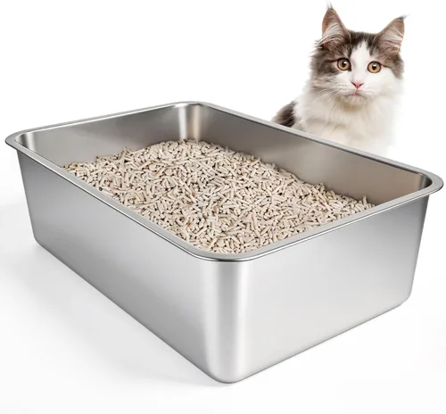 Miniatura 10 de IKITCHEN Caja de arena de acero inoxidable para gatos, bandeja de arena de metal grande para gatos, caja de arena para gatos nunca absorbe olores