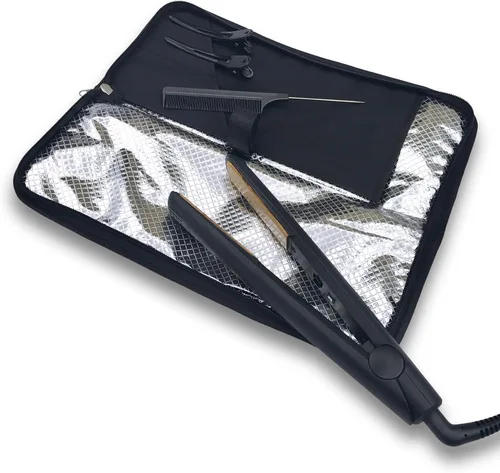 J&m - Alfombrilla para alisar el cabello y bolsa – Resistente al calor – Se adapta a ghd, BaByliss y alisadores más grandes – Estuche de viaje