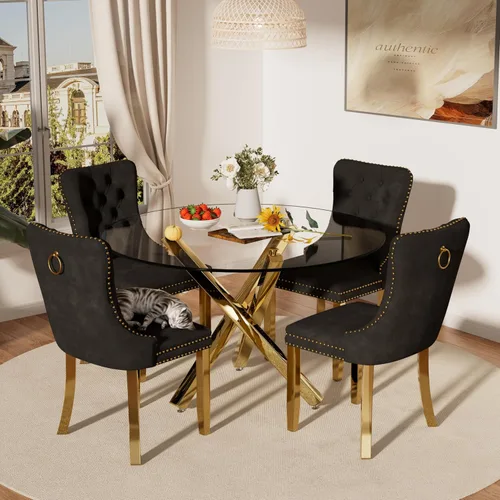 Miniatura 10 de Juego de comedor pequeño redondo de cristal transparente para 4, 39 pulgadas, moderno juego de mesa circular de cocina de mediados de siglo, sillas