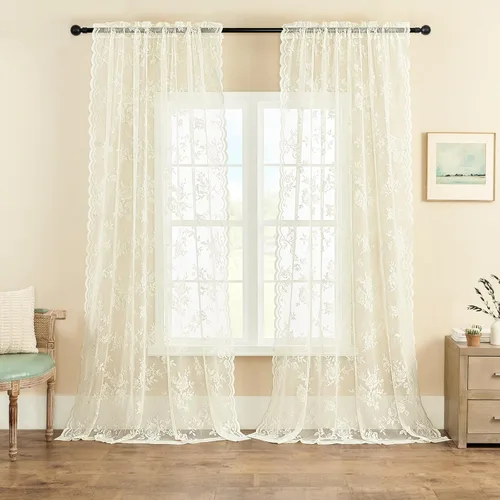 Miniatura 27 de SEEKRIGHT - 2 paneles de cortinas traslúcidas de encaje negro, cortinas góticas florales, cortinas victorianas con bolsillo para cortinero