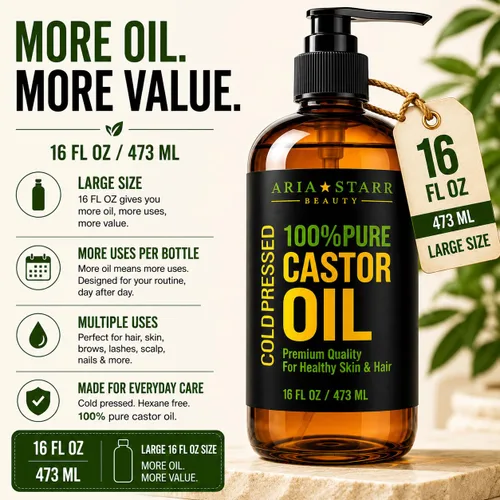 Miniatura 8 de Aceite de ricino prensado en frío de Aria Starr. 16 fl oz. El mejor y 100 % puro aceite de ricino para el crecimiento del cabello, el rostro