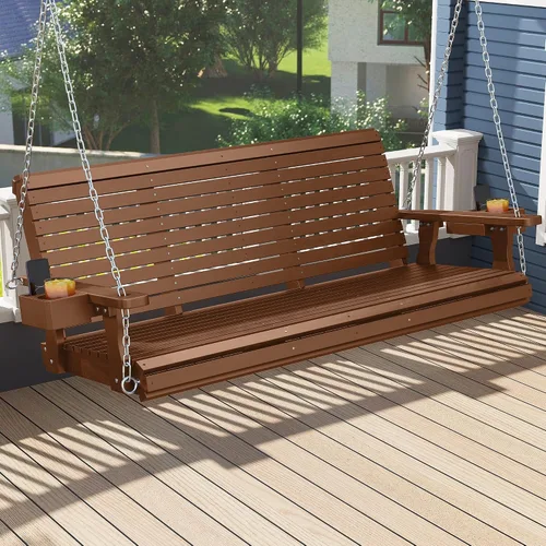 Miniatura 13 de Real Relax - Columpio de madera para el porche delantero, silla colgante de patio al aire libre de 2 plazas con portavasos, banco de asiento
