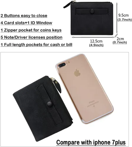 Miniatura 7 de PofeeXIO Carteras pequeñas Rfid para mujer, billetera plegable con bolsillo para monedas, mini monedero suave y compacto, Negro oscuro, Minimalista