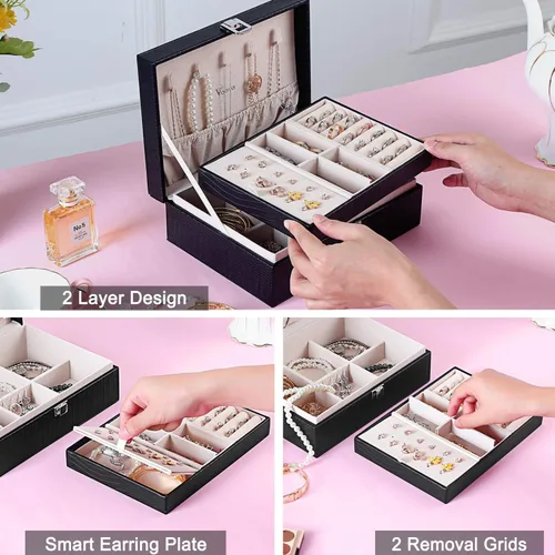 Miniatura 3 de Voova - Joyero organizador para mujeres y niñas 2 capas de almacenamiento de joyas grandes para hombres soporte para joyas de piel sintética