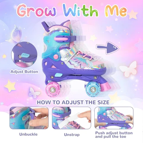 Miniatura 2 de Nattork Patines de Ruedas para Niñas y Niños, Patines Cuádruples de 4 Tamaños Ajustables con Diseño de Mariposa y Flor con Todas las Ruedas