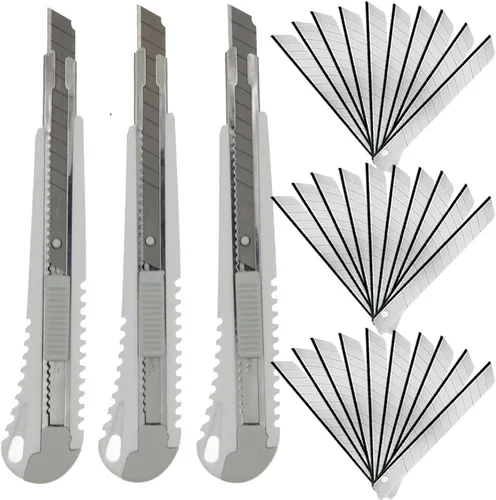 Miniatura 9 de Cuchillo utilitario de 0.354 in a presión, paquete de 3 cortadores retráctiles de alta dureza con 30 cuchillas a presión, cortador de pasatiempos