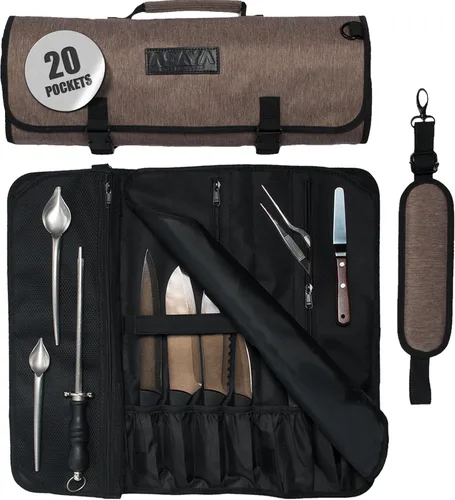 Asaya Bolsa enrollable para cuchillos de chef, 20 bolsillos en total para cuchillos y utensilios de cocina, fabricada con nailon encerado resistente