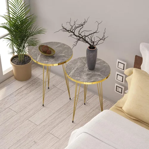 Miniatura 15 de Juego de 2 mesas auxiliares redondas de madera para sofá para espacios pequeños, mesita de noche con patas de metal para dormitorio, sala de estar