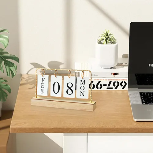 Miniatura 3 de Calendario perpetuo de madera abatible con soporte de metal dorado con papel calendario diario mensual con luz para la oficina diaria, decoración