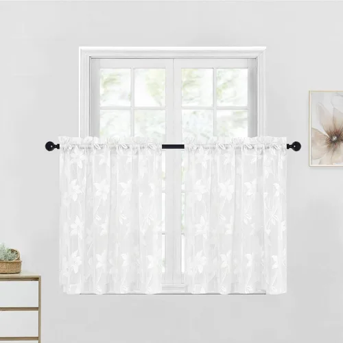 Miniatura 11 de DWCN Paquete de 2 cenefas de encaje floral para cocina, 52 x 18 pulgadas, con bolsillo para barra, cortina de gasa para ventana pequeña, cocina