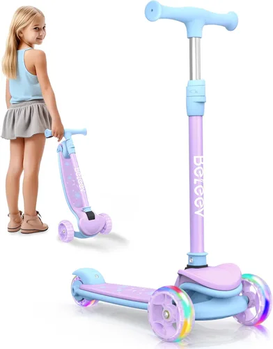 BELEEV Patinete A8 para niños de 3 a 12 años, scooter plegable de 3 ruedas para niños y niñas, ruedas con luz LED, 4 alturas ajustables, inclinación