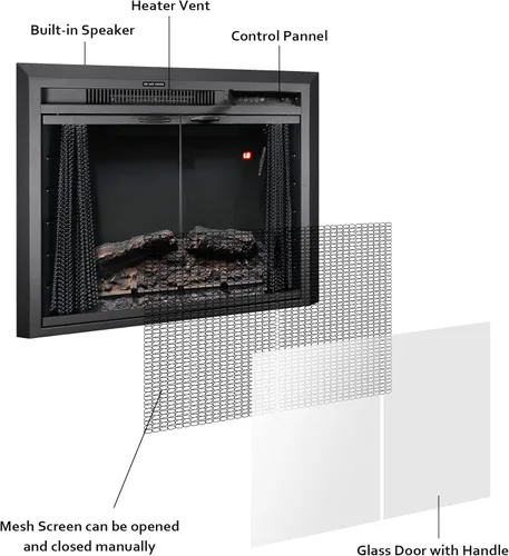 Miniatura 4 de Insertos de Chimenea Eléctrica de 25'' con Puerta de Vidrio, Calentador de Chimenea Eléctrico Empotrado con Sonido de Crepitación de Fuego, Luz
