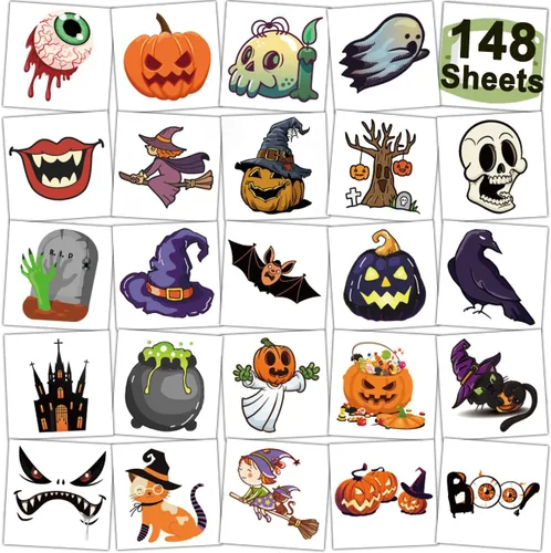CHARLENT 148 hojas de tatuajes temporales de Halloween para niños, tatuajes individuales de esqueletos de calabaza de Halloween para niños y niñas,