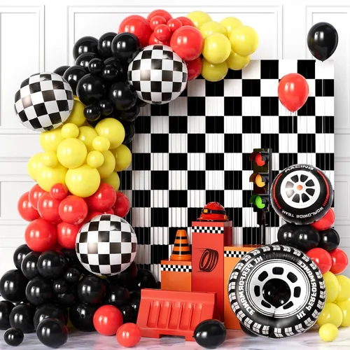 Miniatura 6 de Kit de arco de guirnalda de globos de auto de carreras, 128 piezas, globos rojos, azules, negros, negros, fondo de borla a cuadros y globo